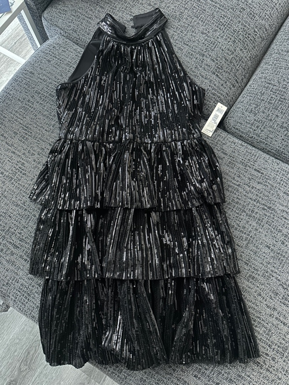 ELIZA J - Black Sequin Tiered Halter Dress